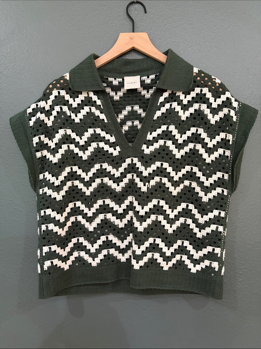 Joelle Crochet Polo Top - Collared Knit Vest Sweater - Small VAR02773 Green